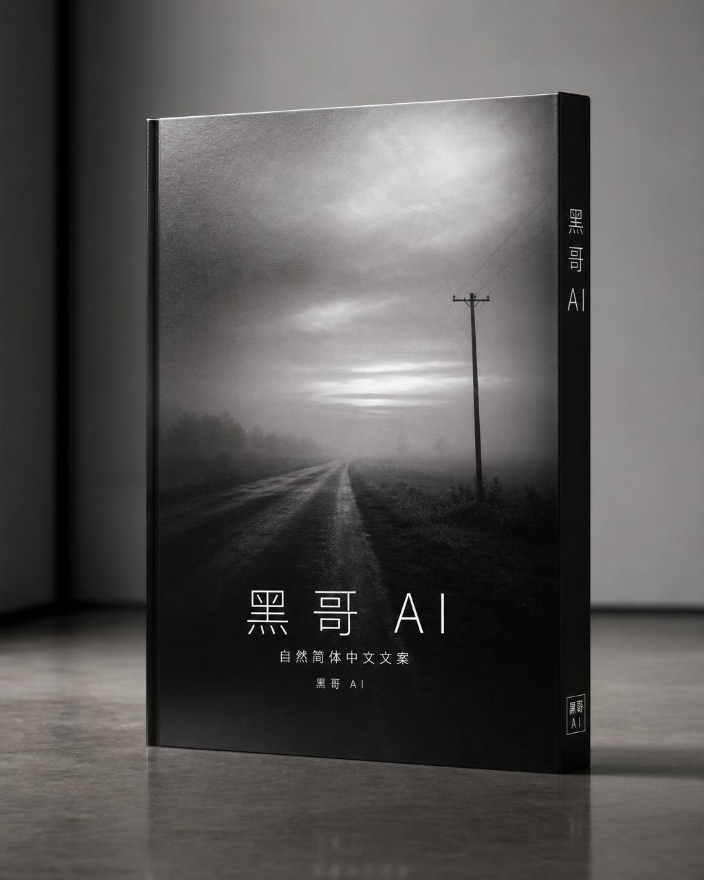 抛光水泥地上立放的大开本摄影专著，封面满版黑白雾路与电线杆，白色无衬线标题 'WHEN THE ROAD FORGETS'。