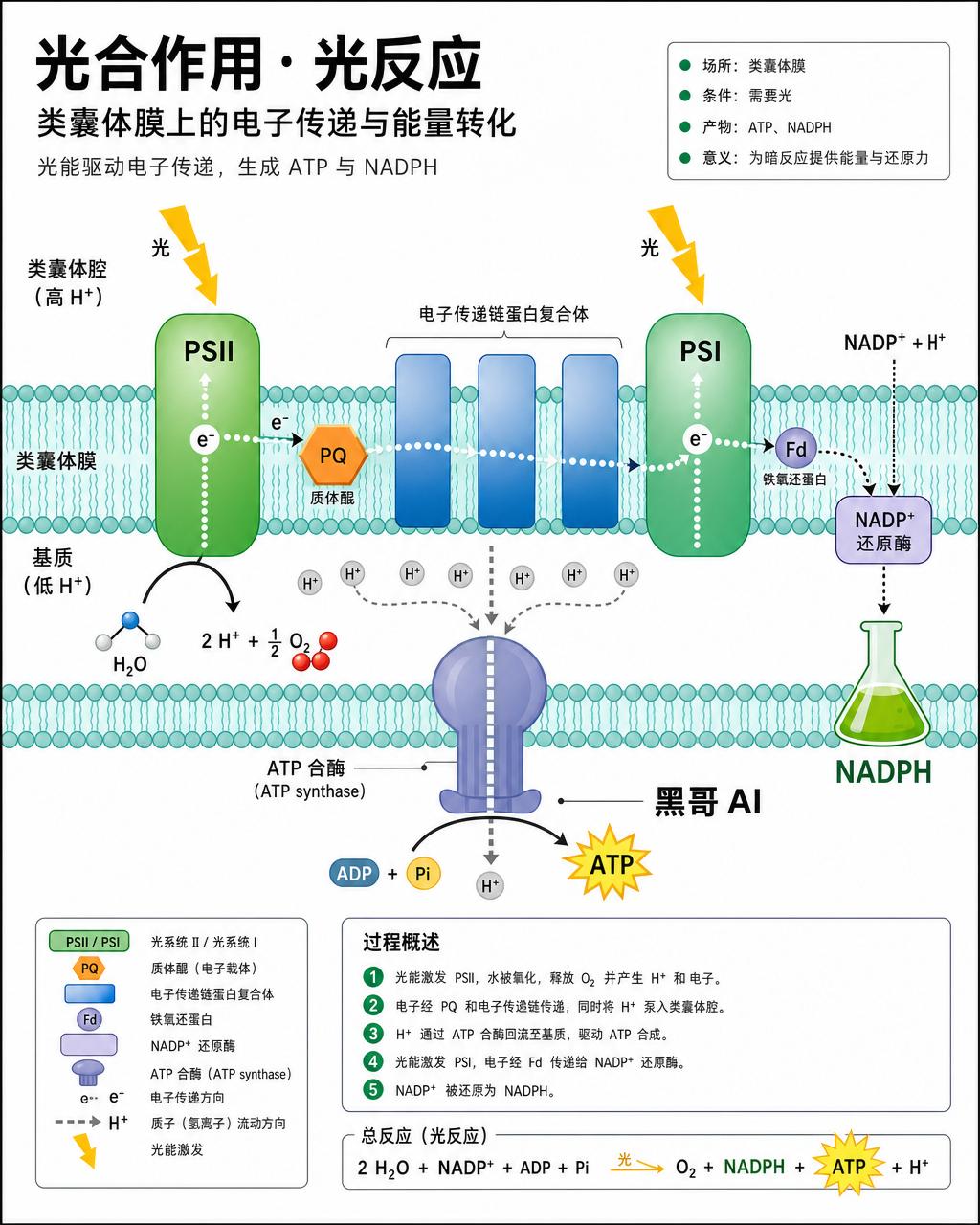 类囊体膜光反应扁平图，展示 PSII、电子传递链、PSI、NADPH 生成与 ATP 合酶