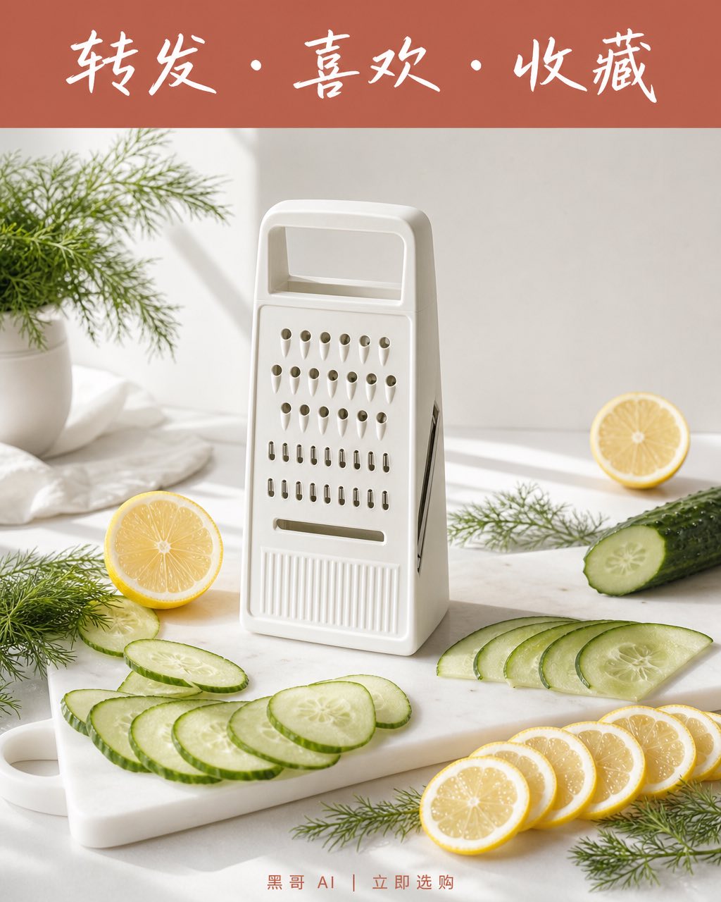 Slicely 刨丝器 Pinterest 高图，陶土色标题栏，黄瓜与柠檬装饰，白色台面美食摄影