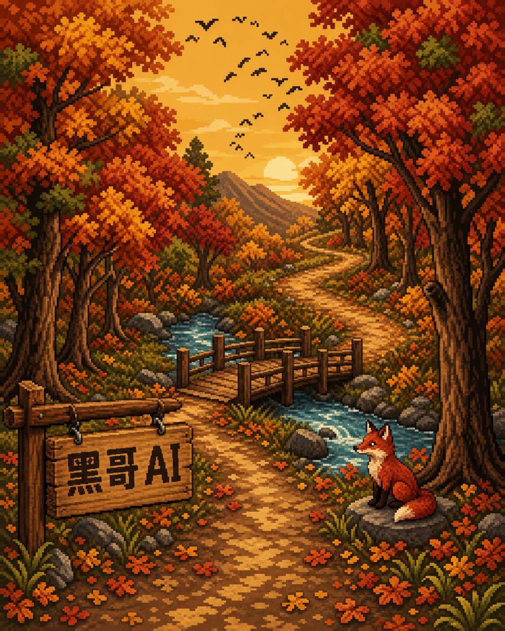 竖版像素艺术秋日林径：红橙叶、跨溪木桥、岩石上狐狸、空中椋鸟群。