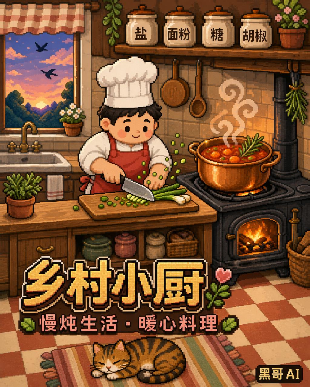 像素风乡村厨房，厨师在切洋葱、灶上铜锅炖菜、架上有标签罐、地毯上睡着一只猫。