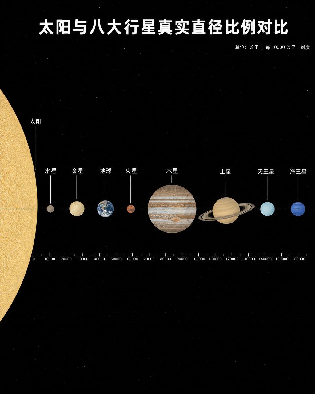 深色横版信息图，太阳与八大行星扁平圆形排在基线上，标注等宽千米直径。