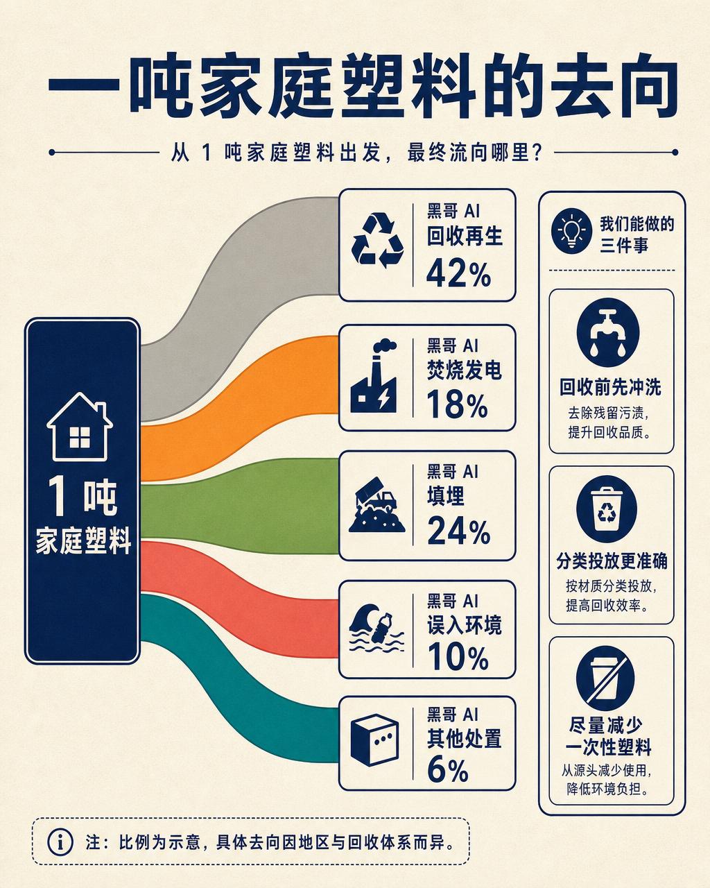 横版桑基流向图，将一吨塑料按比例分流到五个终点并标百分比。