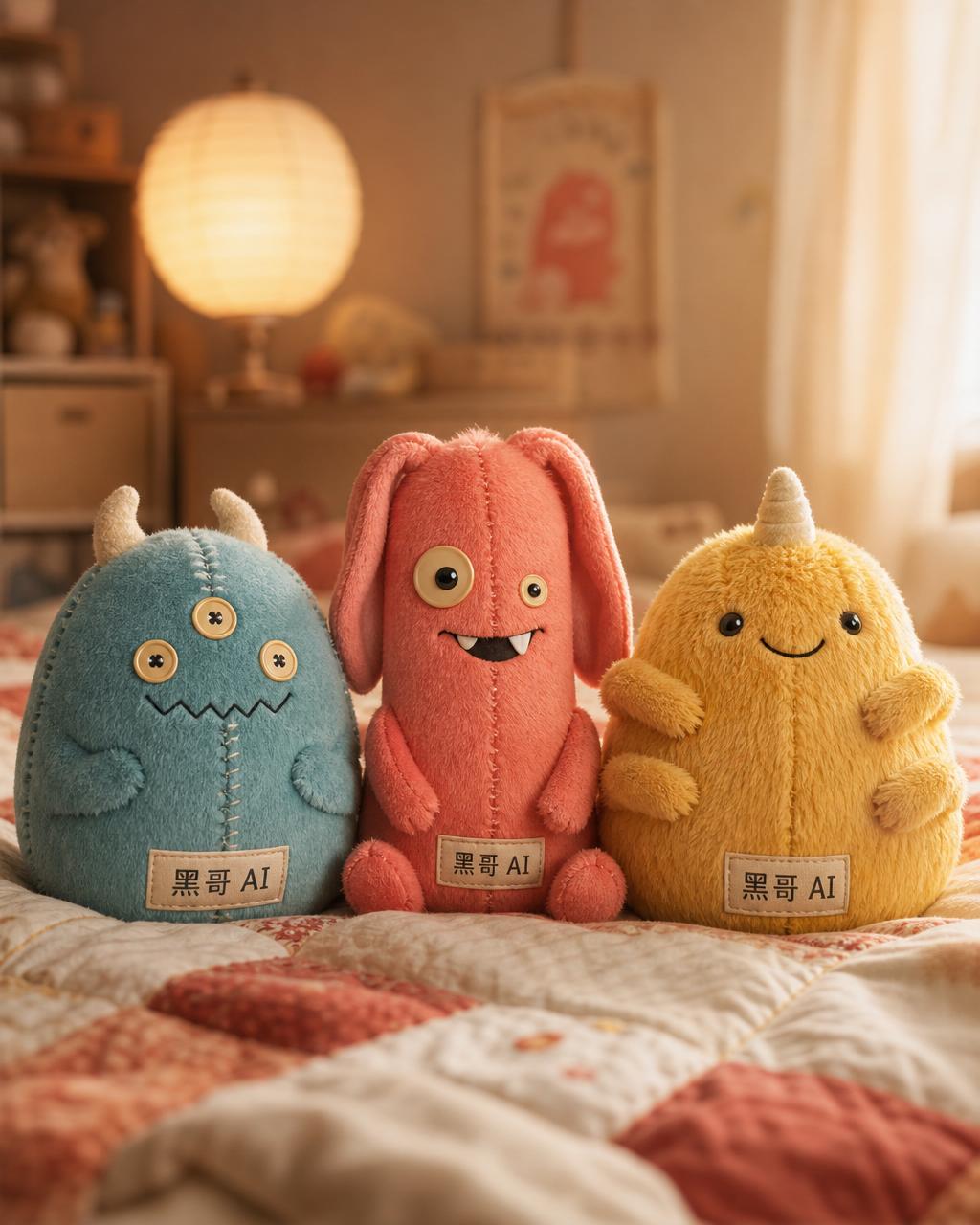 三只毛绒质感 3D 小怪兽：青蓝 Mip、珊瑚 Boff、芥末黄 Tuk，坐在拼布被上挂 'HUG ME' 布标，窗光暖照。