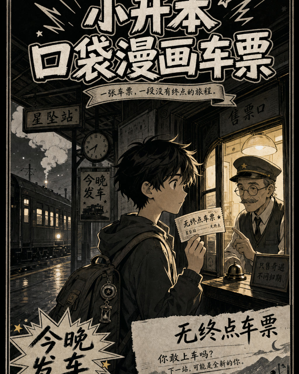小开本口袋漫画车票，原创漫画风格样本，包含清晰漫画版式、角色动作和可见中文标题。