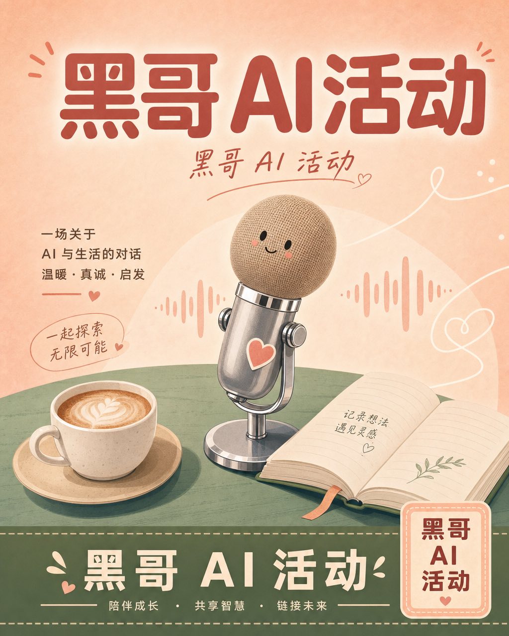 扁平矢量播客上线海报，鼠尾草桌上麦克风角色与卡布奇诺，标题 Slow Mornings。