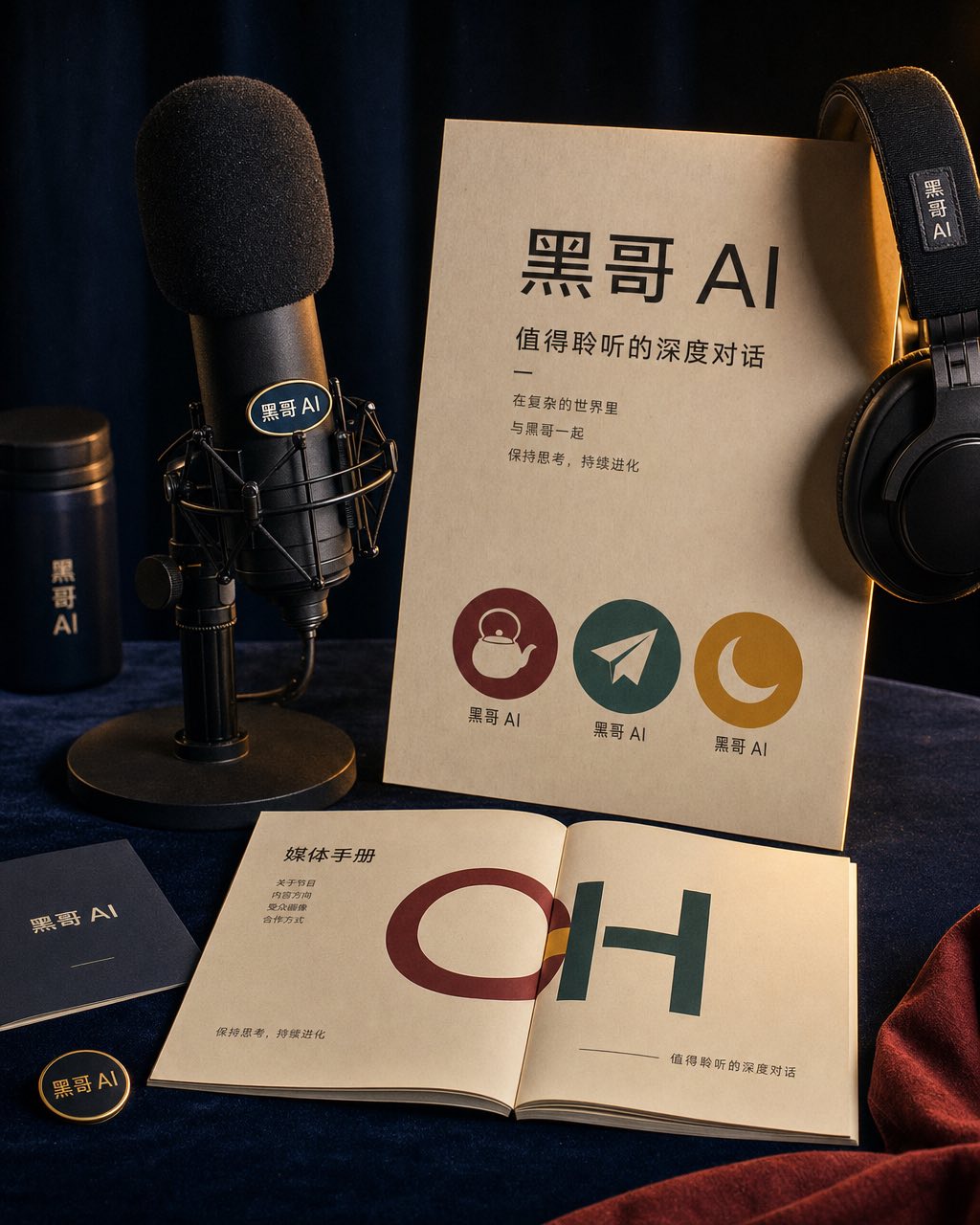 午夜蓝绒布上：防风罩话筒、节目图标海报、耳机与 OH 字母组合手册。