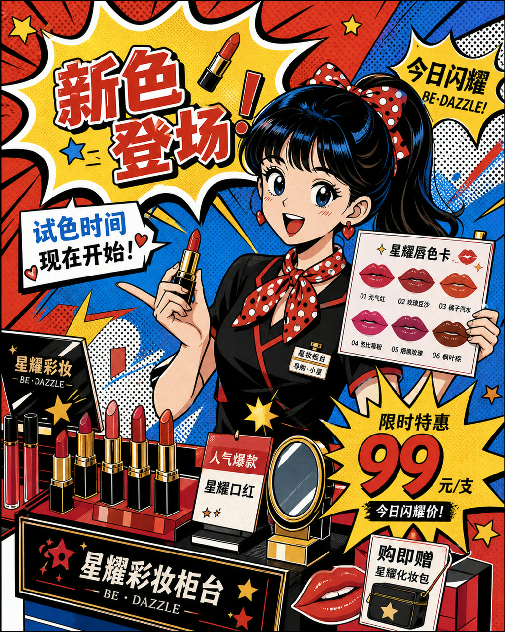 波普漫画美妆柜台，原创漫画风格样本，包含清晰漫画版式、角色动作和可见中文标题。