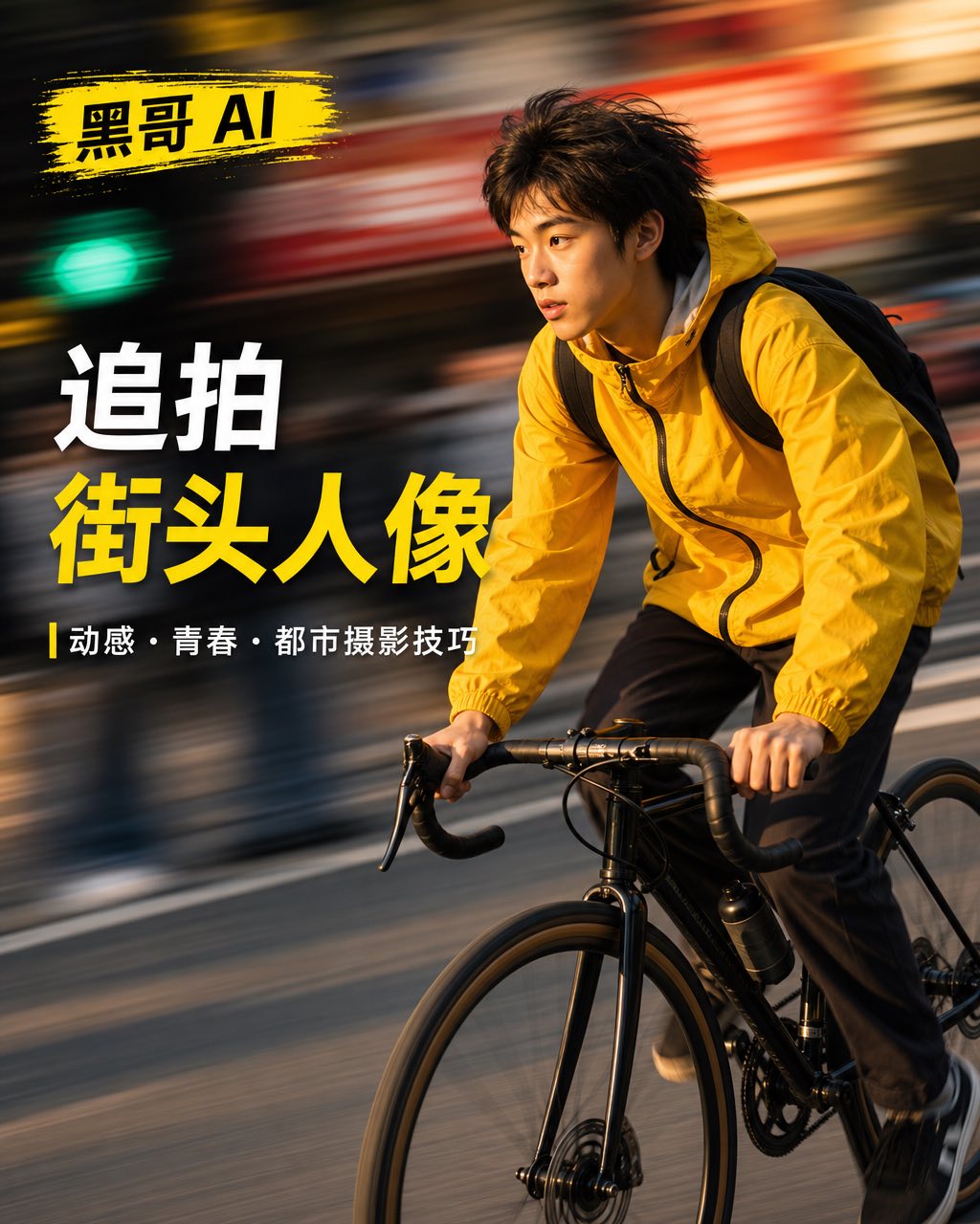 穿黄色风衣的少年在水平运动模糊的城市街道前极度清晰，黄金侧光，追拍技法。