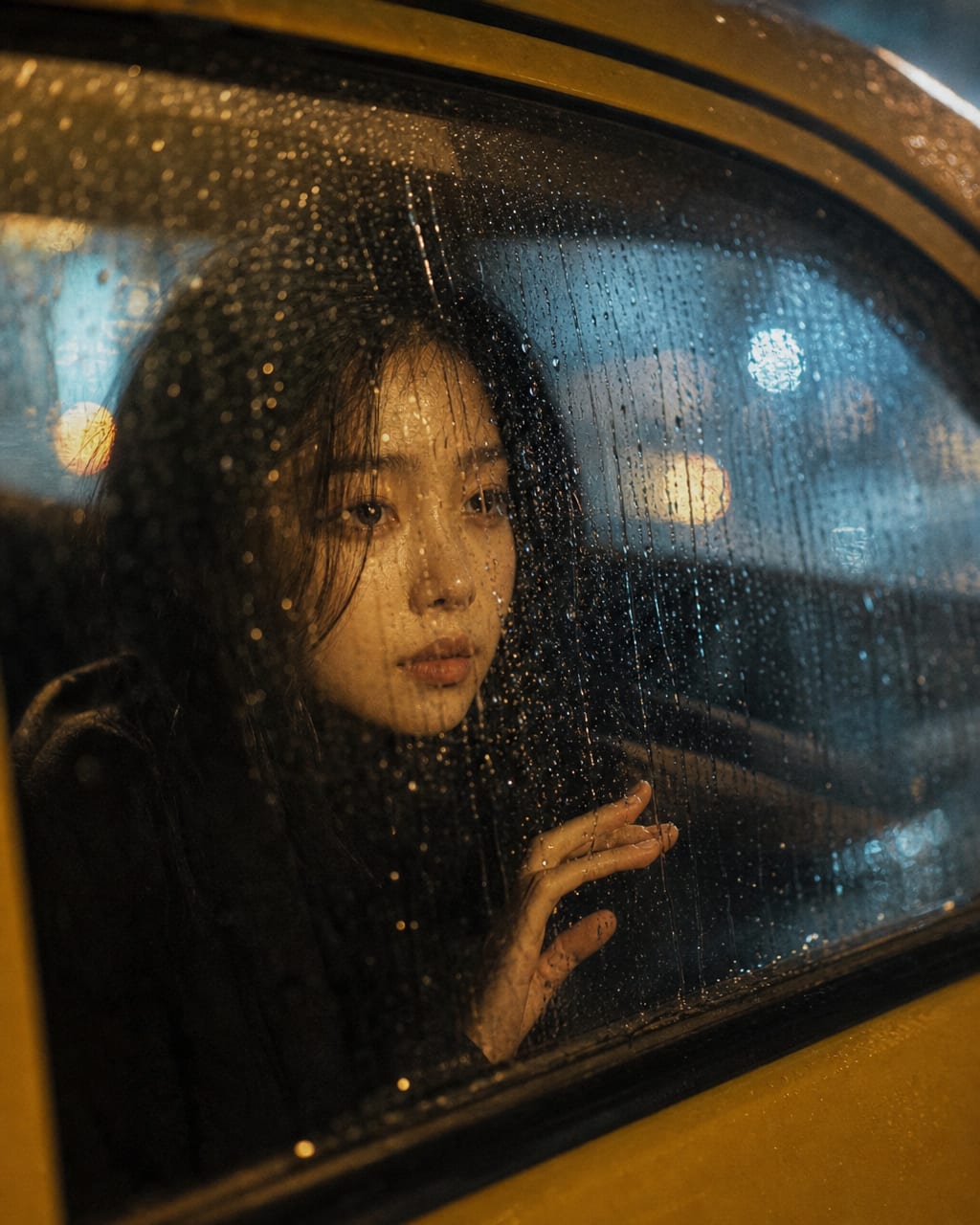 红色大衣女性透过雨痕咖啡馆玻璃可见，面孔被水痕碎裂，暖琥珀室内与冷灰室外形成对比。