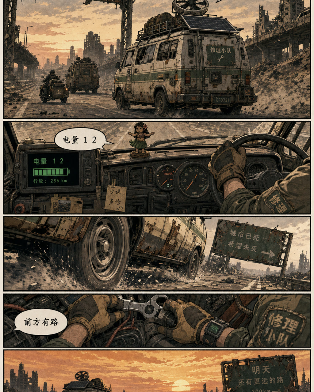 末世公路太阳能车漫画，原创漫画风格样本，包含清晰漫画版式、角色动作和可见中文标题。
