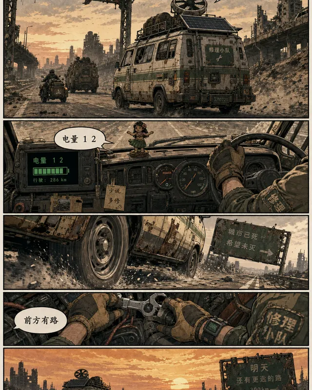 Post Apocalyptic Road Comic Solar Van, an original comic style sample with visible layout, character action, and readable lettering.