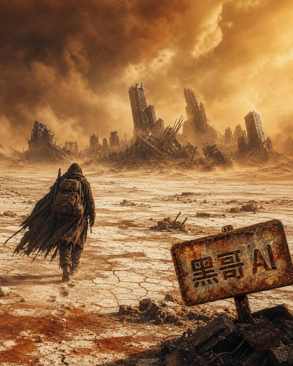 粗粒感动漫宽幅画面，斗篷旅行者穿越盐滩荒原，背景坍塌城市废墟，锈蚀路牌"Ashfall Chronicle"。