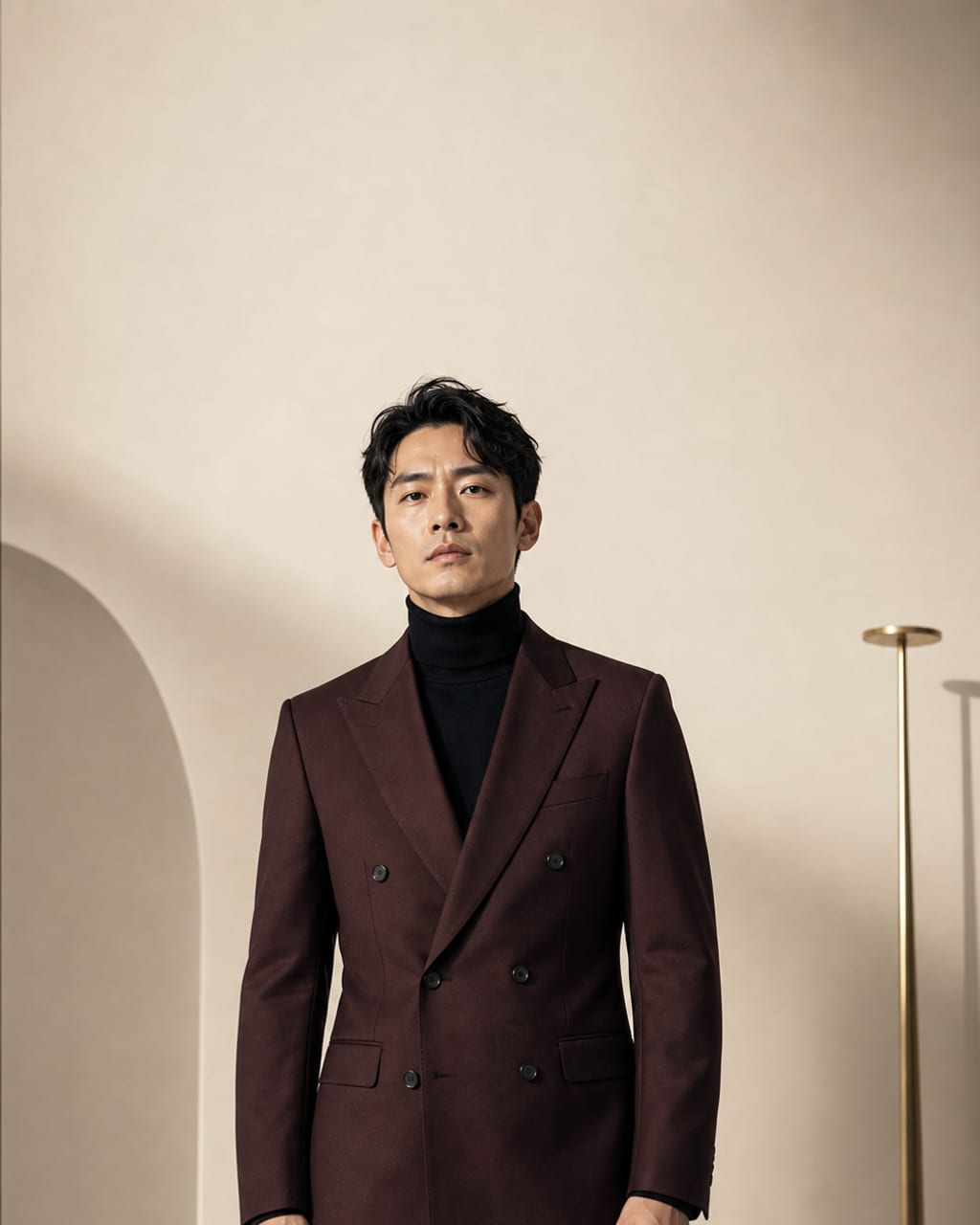 男士高端商业封面：精致妆发、杂志式构图和克制服装，适合品牌形象与封面视觉。
