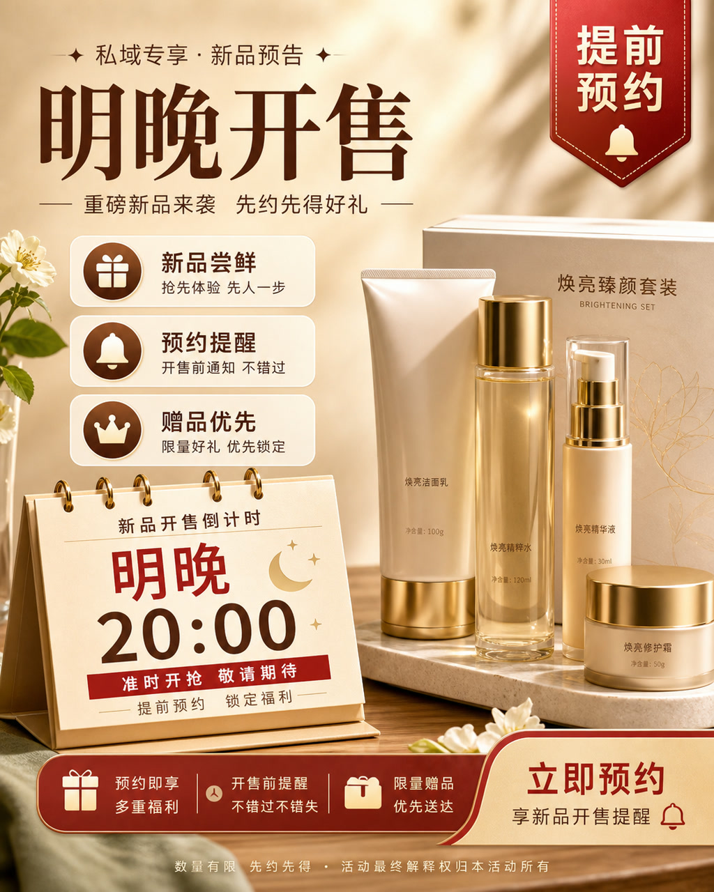 私域新品预告图，主文案为「明晚开售」，卖点为「新品尝鲜、预约提醒、赠品优先」。