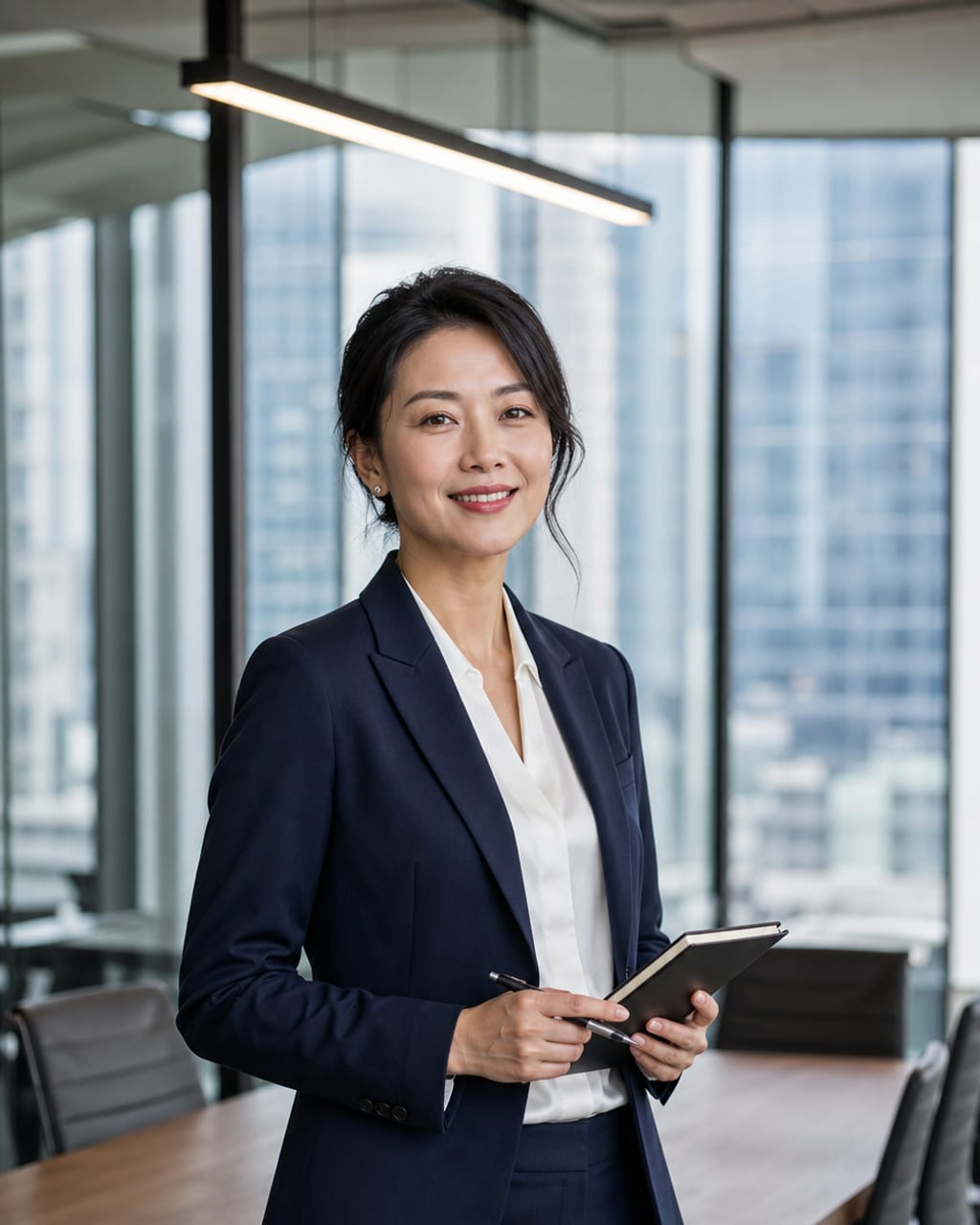 职场女性形象照：西装或衬衫、办公室环境，呈现干练、自信和亲和力。