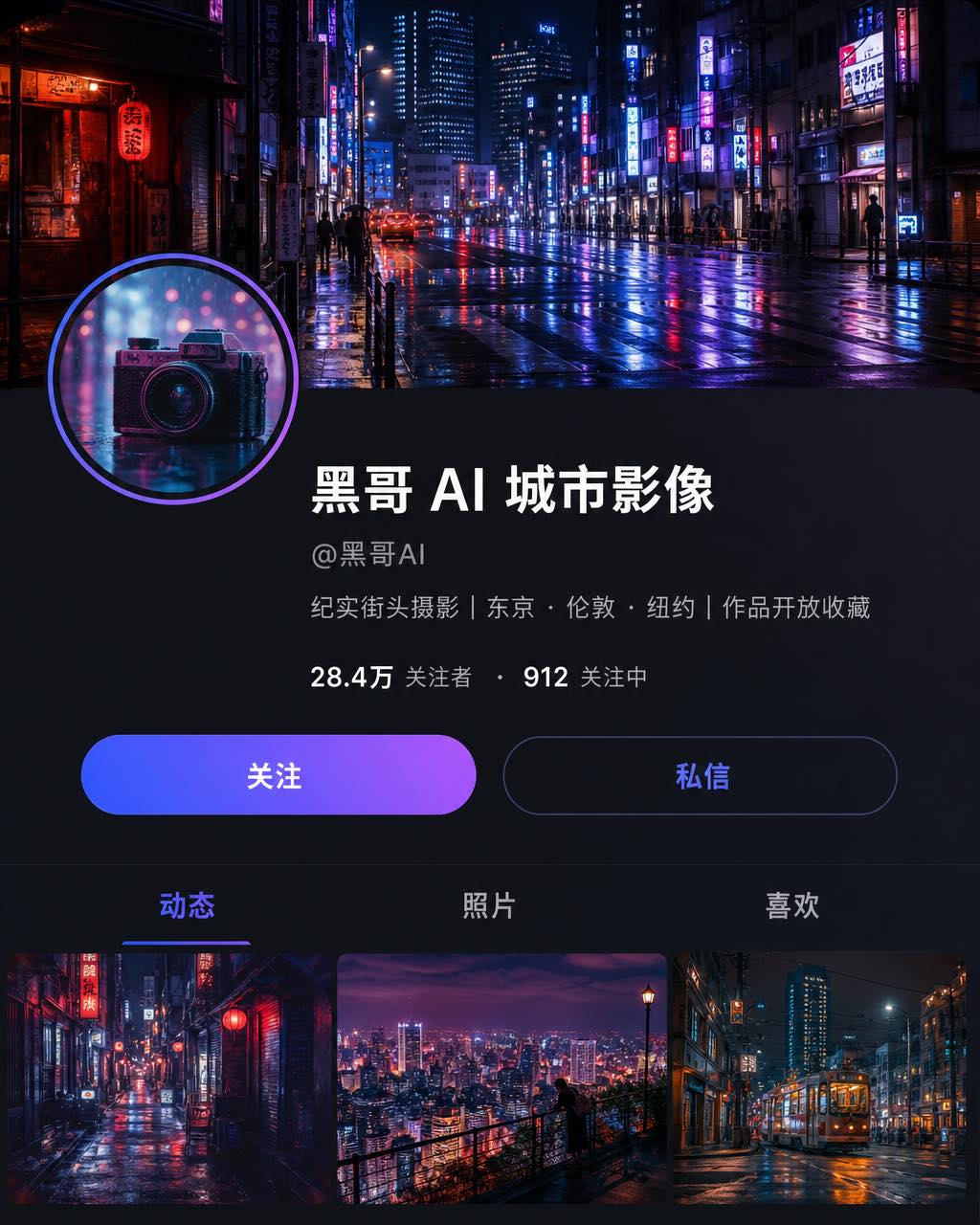 暗色模式 Twitter 个人主页，@urbanpixelstory 街拍摄影师，霓虹城市横幅，28.4万粉丝。