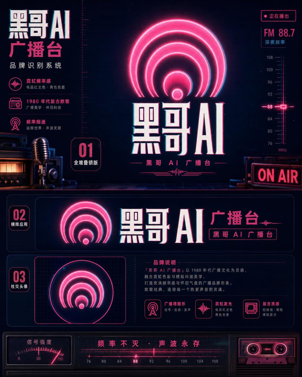 Pulse FM 广播电台品牌识别，霓虹品红同心弧塔形标志，色差偏移，海军蓝底白字标，堆叠和横排两版。