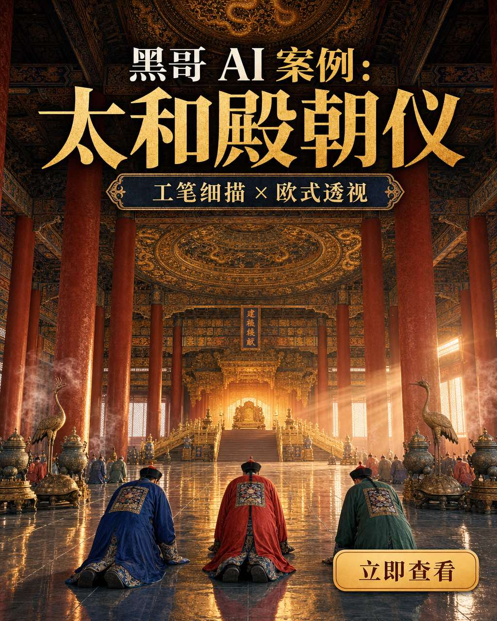 清代太和殿黎明朝仪，官员叩拜，朱柱金顶，檀香飘散，庄严金碧。