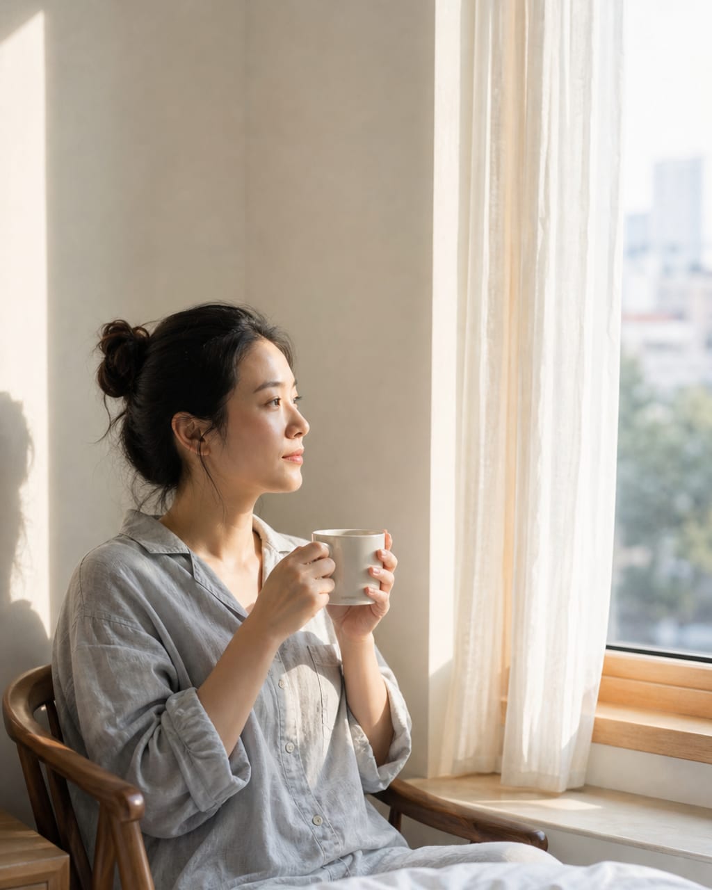 清晨窗边安静肖像：晨光、窗帘和浅色居家服，表达安静与自我对话。