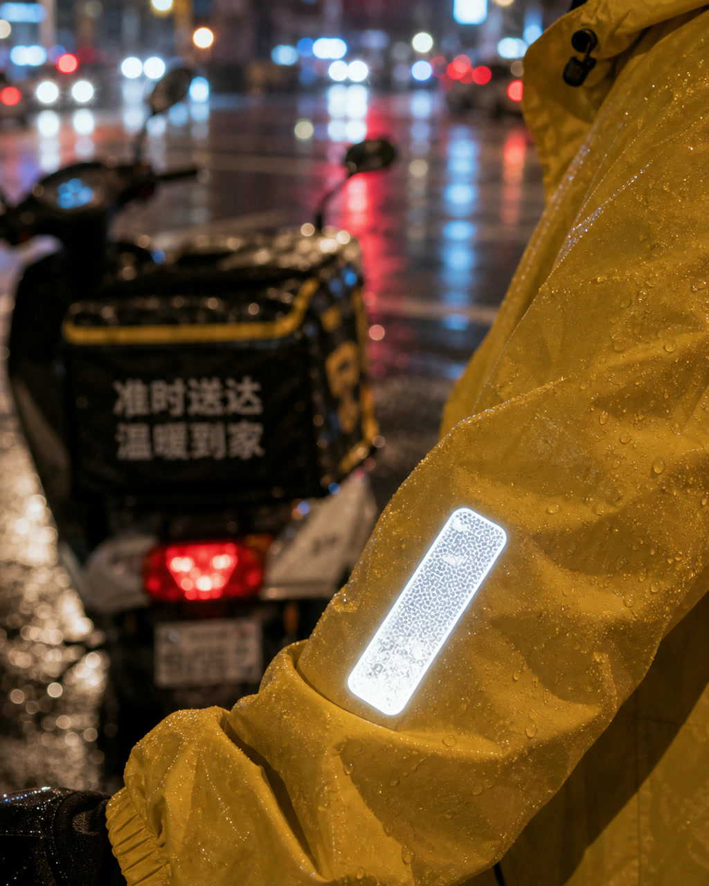 雨衣反光贴外卖骑手特写案例图，雨夜路边，外卖骑手袖口反光贴与水珠特写，背景有虚化电动车灯光和湿润路面，人物只露局部，纪实摄影。