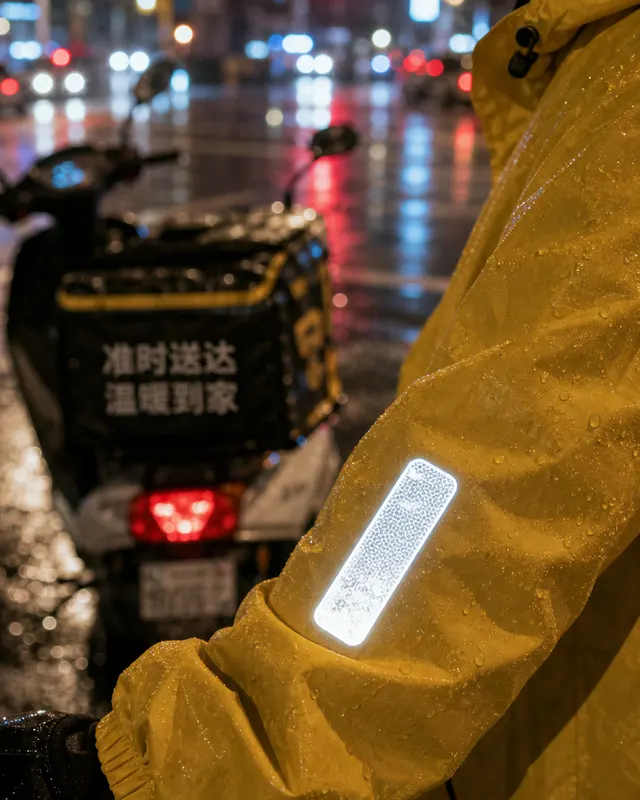 雨衣反光贴外卖骑手特写案例图,雨夜路边,外卖骑手袖口反光贴与水珠特写,背景有虚化电动车灯光和湿润路面,人物只露局部,纪实摄影。