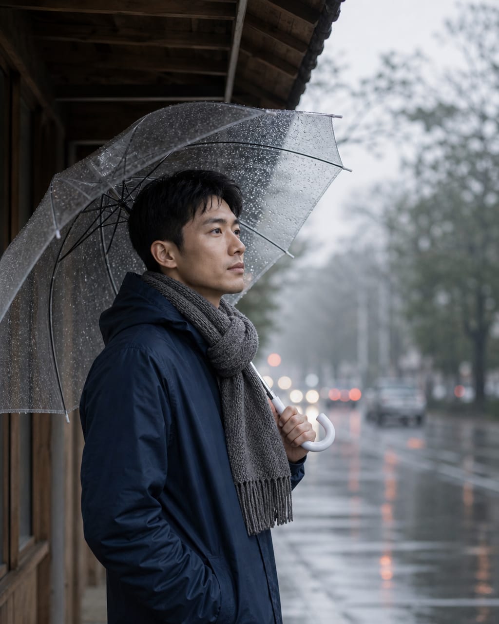 男士雨天情绪写真：雨伞、湿润街面和冷色调，表达克制、回忆与孤独。