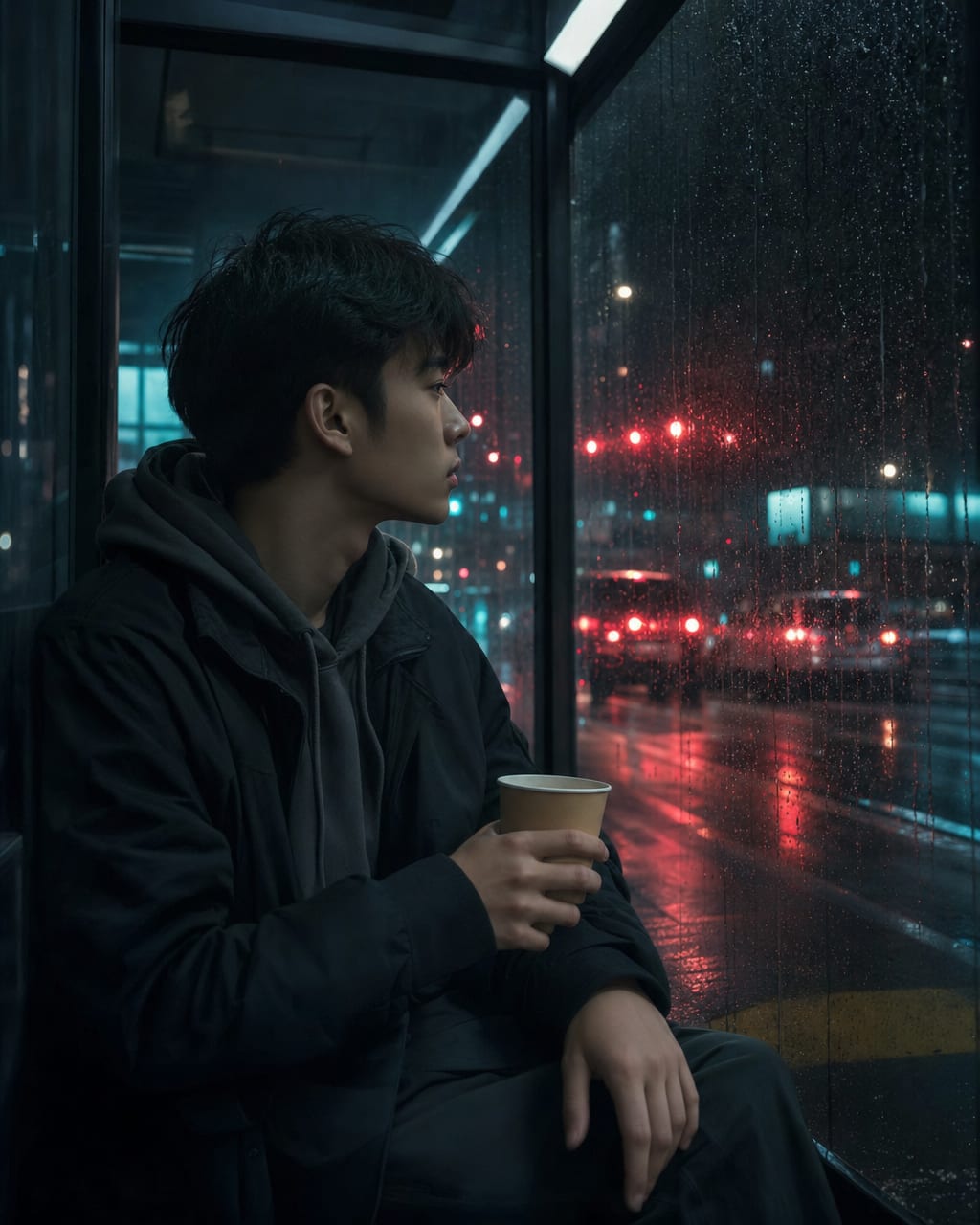 雨夜霓虹情绪肖像：湿润路面、伞和霓虹反射，呈现都市伤感氛围。