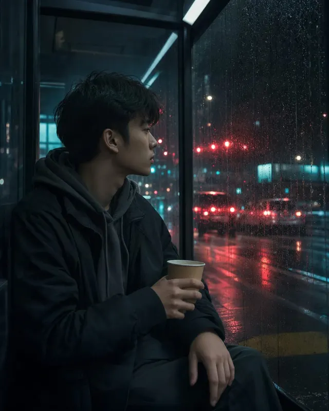 雨夜霓虹情绪肖像:湿润路面、伞和霓虹反射,呈现都市伤感氛围。