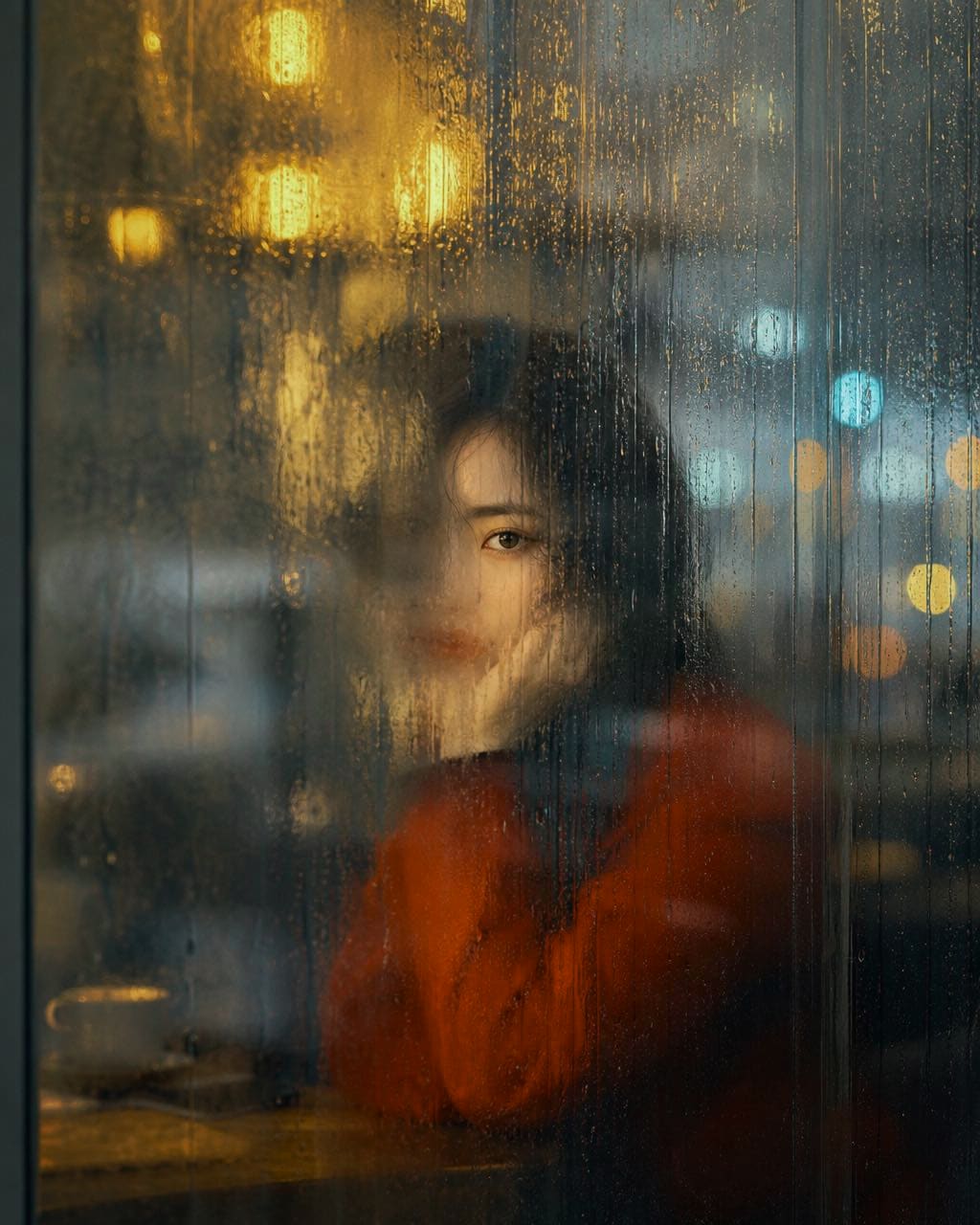 雨窗情绪人像：一位安静的女性坐在窗内，目光看向窗外，手指轻触玻璃，雨水沿玻璃形成细密水痕，室内背景被压暗，窗外是模糊街灯。