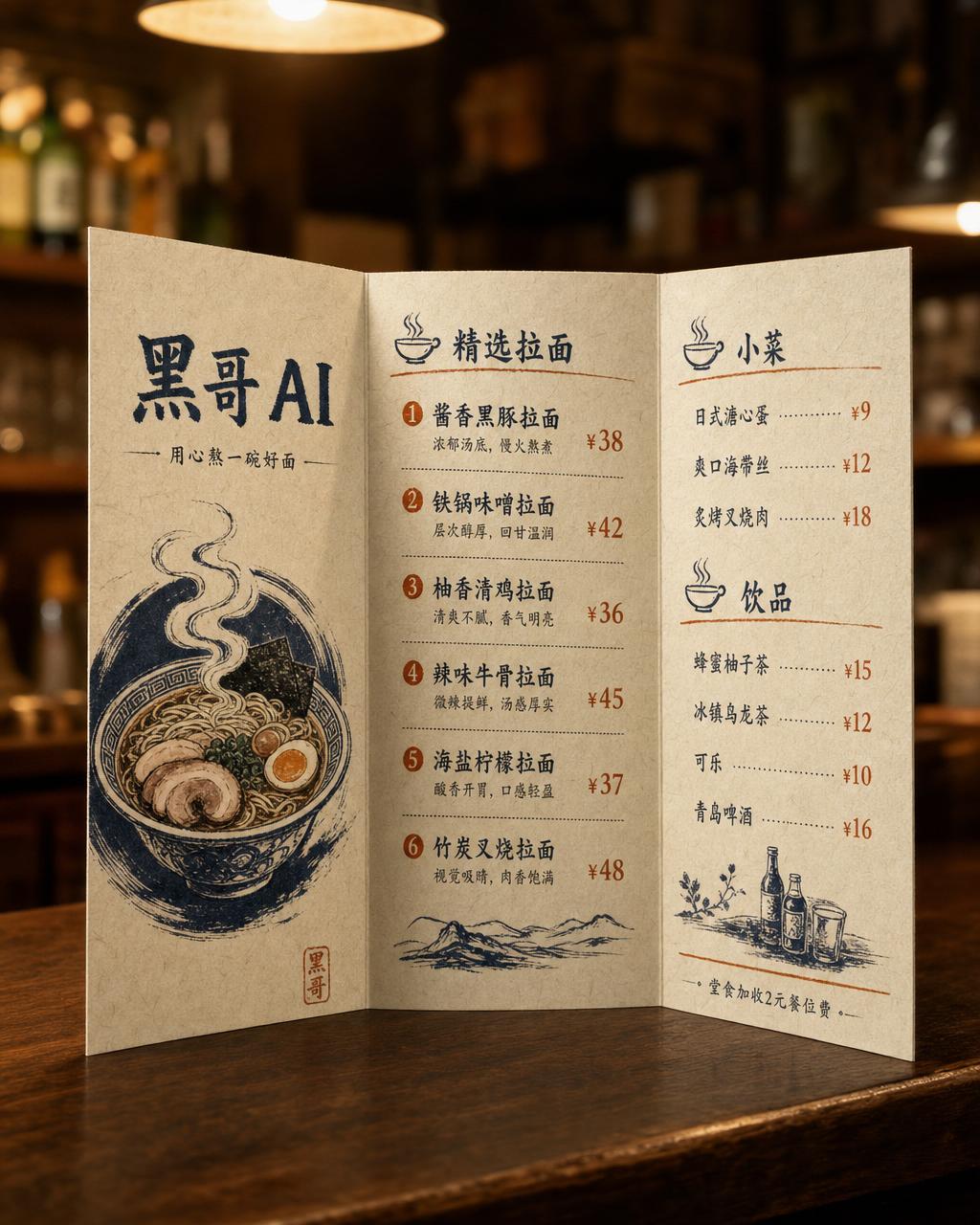 胡桃木台上 Z 字折叠的拉面三折菜单，奶油纸双色靛蓝与铁锈印刷，店名 'KETTLE NO. 7' 配毛笔拉面碗插图。