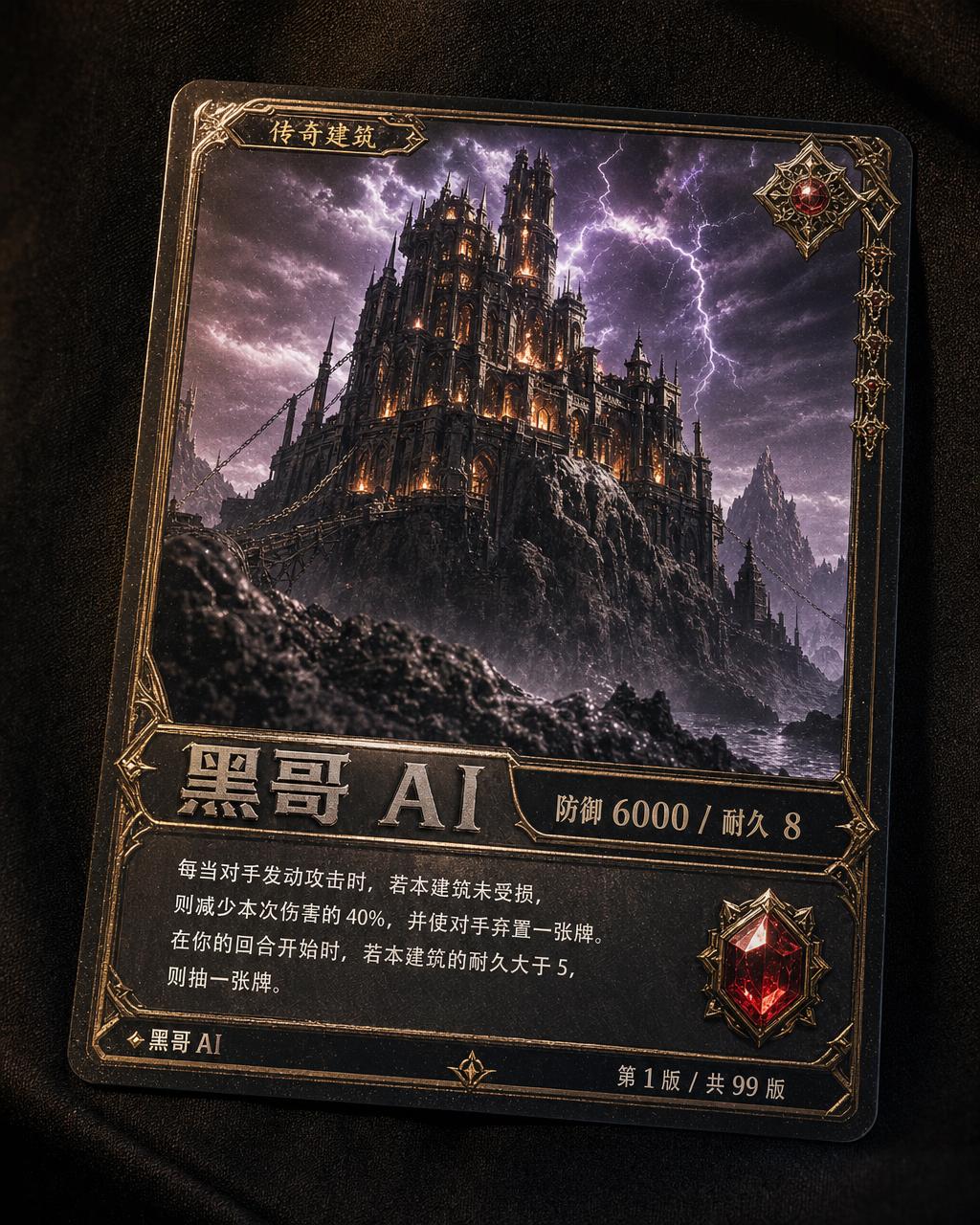 名为 Ironhold Bastion 的稀有全幅 TCG 卡，电影风格风暴堡垒，红色稀有度宝石，防御技能文本。