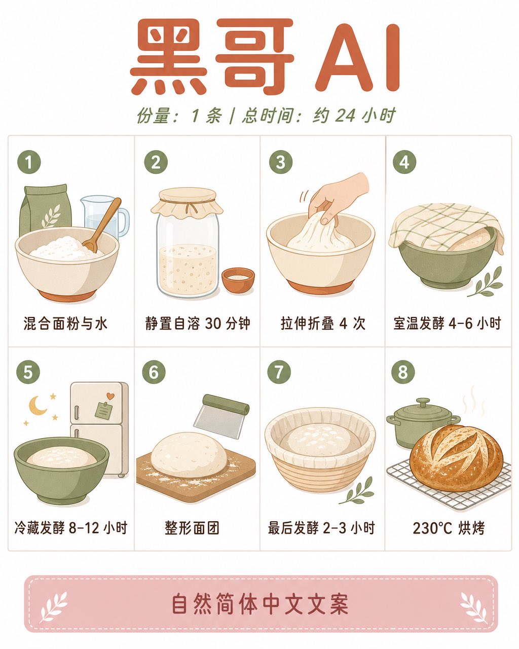 柔色 A5 食谱卡，2×4 网格展示八步酸面包流程，使用陶土、鼠尾草与小麦色图标。