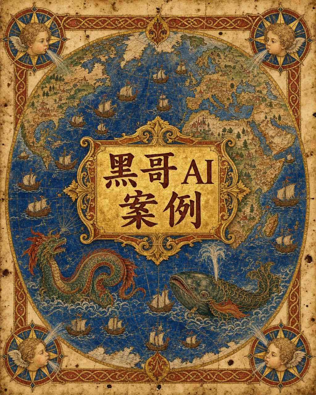 文艺复兴彩绘羊皮纸地图，海怪、风神小天使、钴蓝大洋、帆船与金叶装饰带边框。