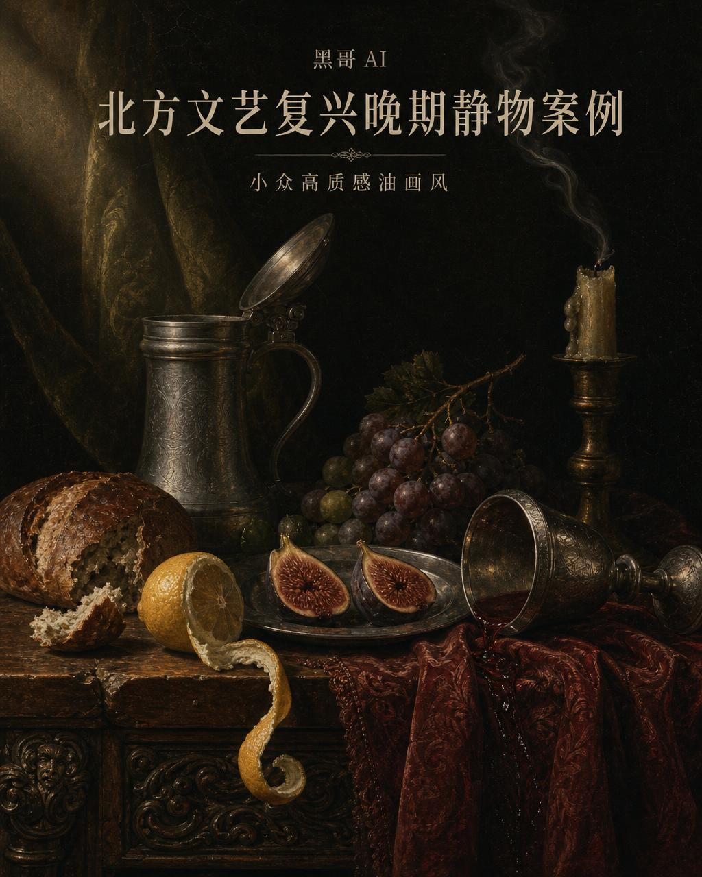 文艺复兴风格油画静物：锡杯、半削柠檬、无花果、葡萄、倾倒银杯、冒烟蜡烛。
