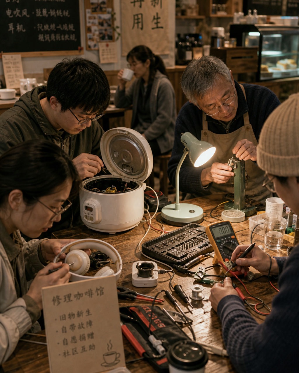 修理咖啡馆小家电桌案例图，城市修理咖啡馆，一群人围着桌子修电饭煲、台灯和耳机，桌上工具真实杂乱，背景温暖。