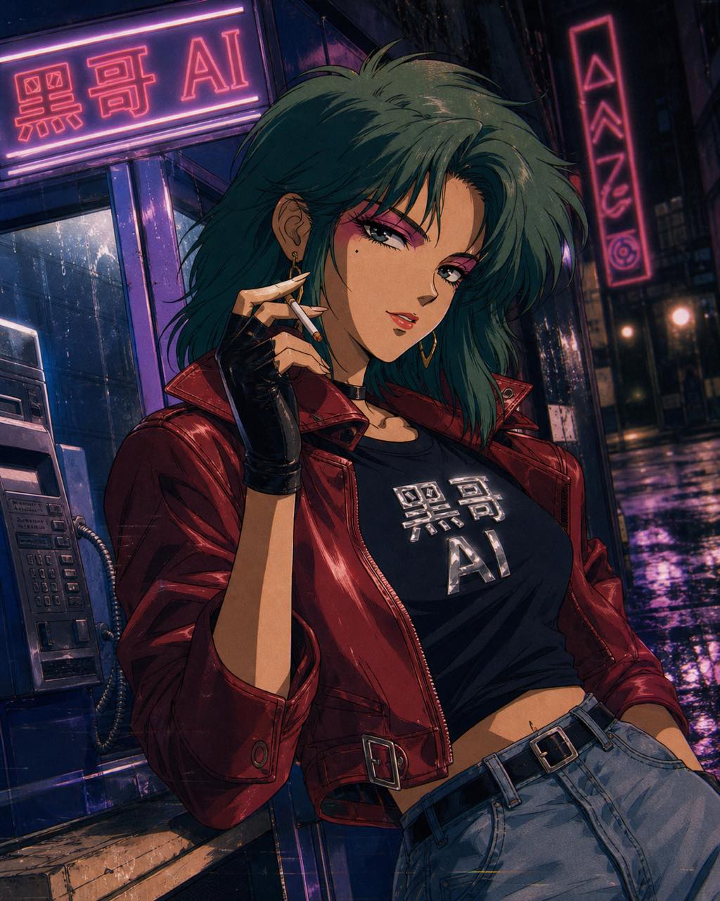 青绿色头发的 80 年代风女赏金猎人靠在霓虹电话亭旁，T 恤印 VECTOR-7，画面带 VHS 色散与雨痕。