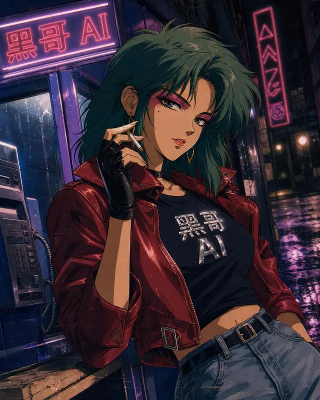 青绿色头发的 80 年代风女赏金猎人靠在霓虹电话亭旁,T 恤印 VECTOR-7,画面带 VHS 色散与雨痕。