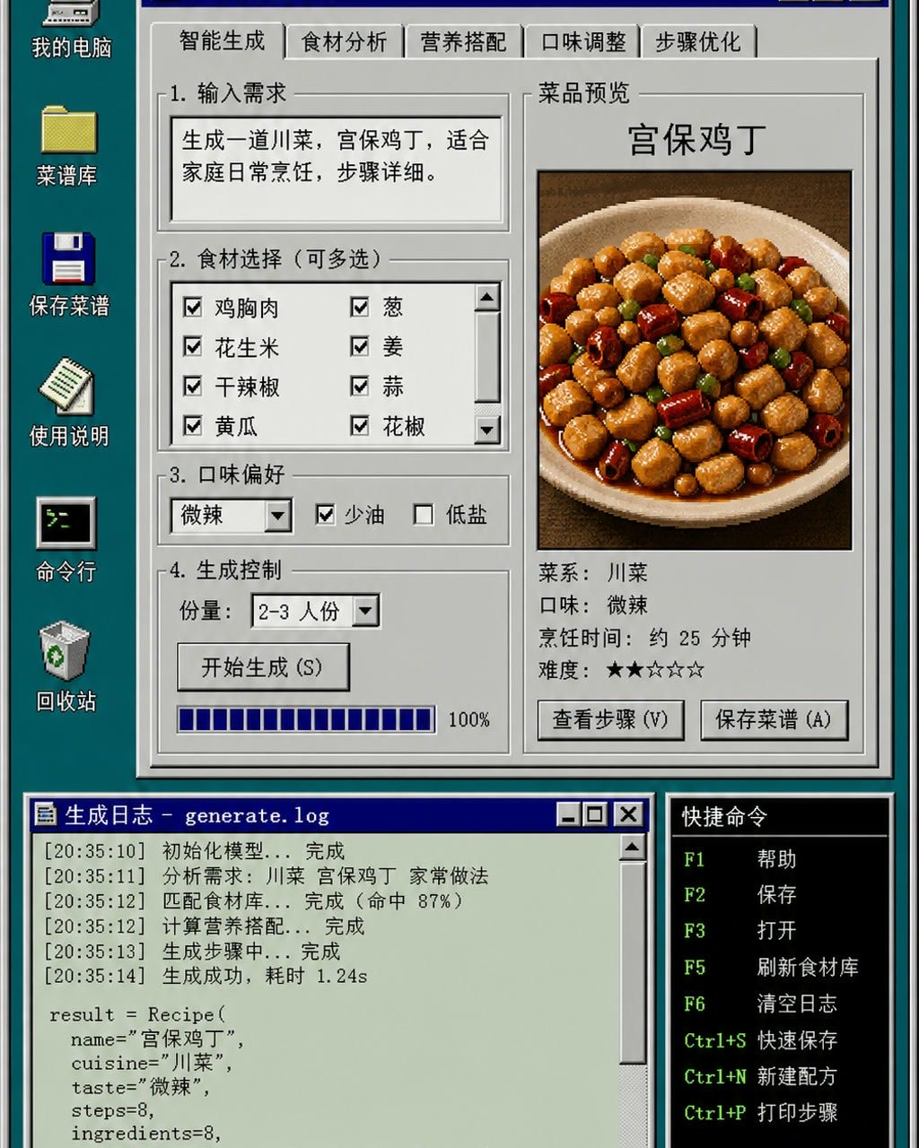 复古网吧风 AI 菜谱界面案例图，4:5 竖版复古网吧风桌面界面，AI 菜谱生成器窗口使用像素边框、灰色按钮和中文菜单栏，右侧预览宫保鸡丁图片，底部有日志窗口包含少量英文代码片段，整体像 90 年代电脑屏幕截图。