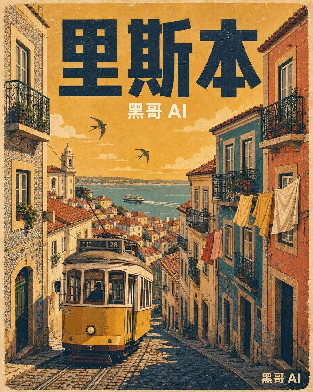 复古丝网印旅行海报：黄金时刻的里斯本阿尔法玛区，28 路电车、瓷砖房屋、晾衣绳与远处塔霍河。