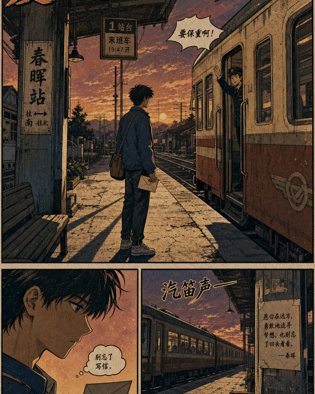 复古漫画站台告别，原创漫画风格样本，包含清晰漫画版式、角色动作和可见中文标题。