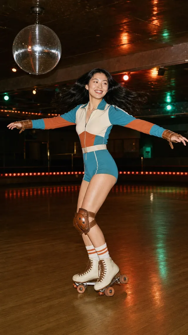 An energetic adult East Asian woman in a distinctive roller-skating portrait.