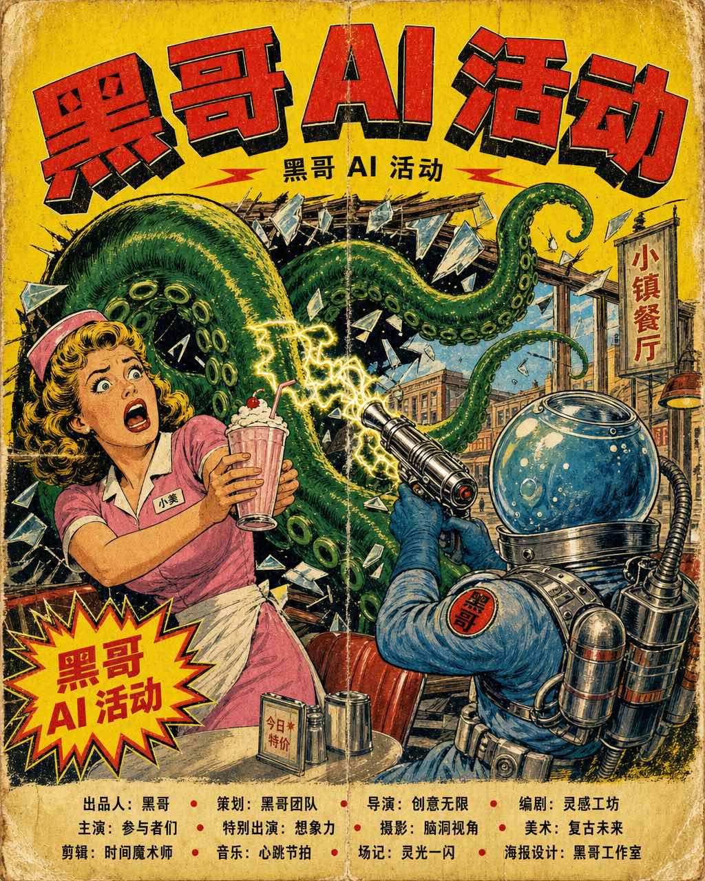 花哨的 1950 年代科幻 B 级片海报：绿色触手撞入餐厅，宇航员射线枪开火，标题 "THE THING FROM TANK SEVEN"。