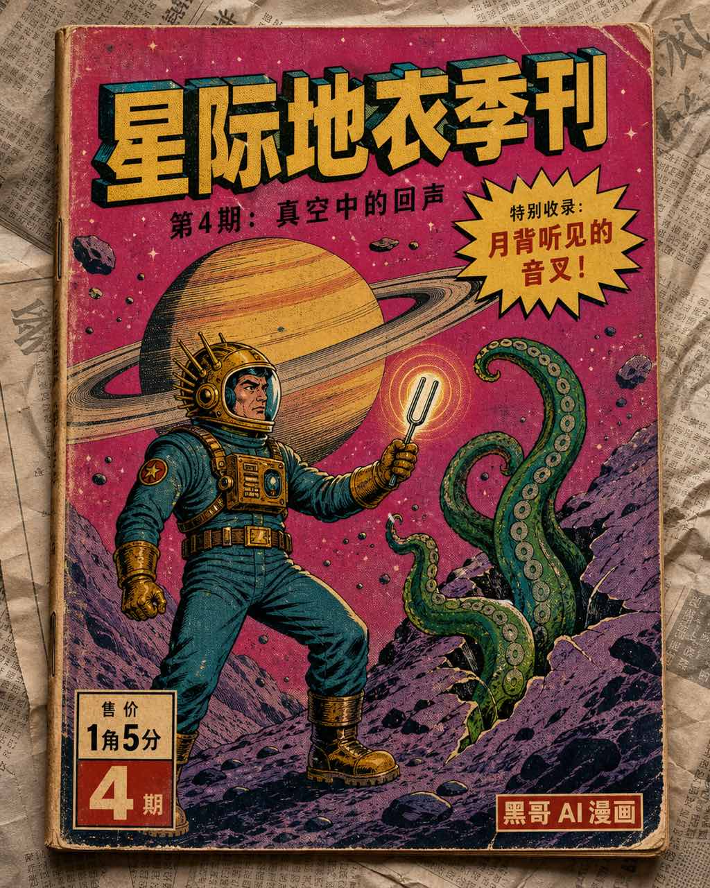 复古科幻漫画封面：宇航员举发光音叉对抗绿色触手，背景环带行星，刊头 'ASTRO-LICHEN QUARTERLY' 与星爆徽标。