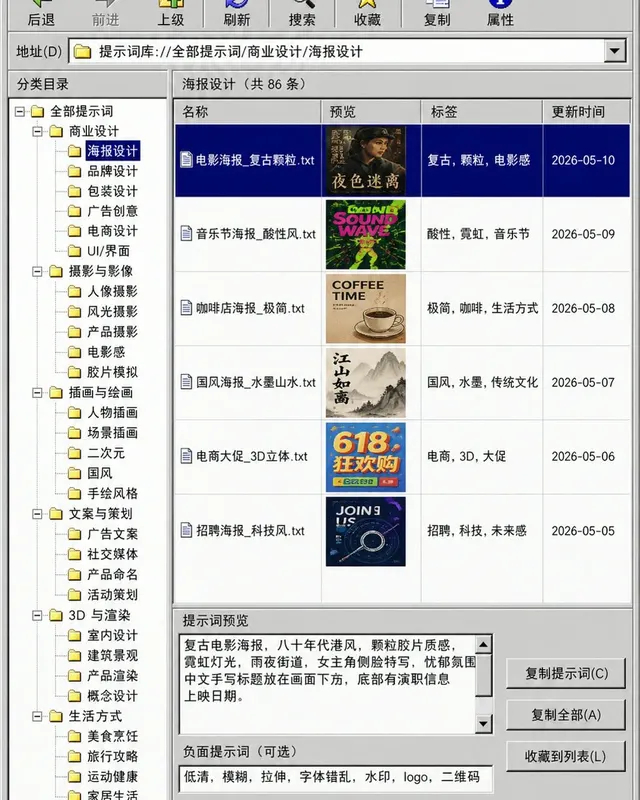 九十年代窗口风提示词库浏览器案例图,九十年代窗口风格提示词库网页截图,灰色窗口、蓝色标题栏、中文分类树、右侧预览小图和复制按钮,少量英文文件名,像真实可用的软件但不出现真实系统名或品牌标识。