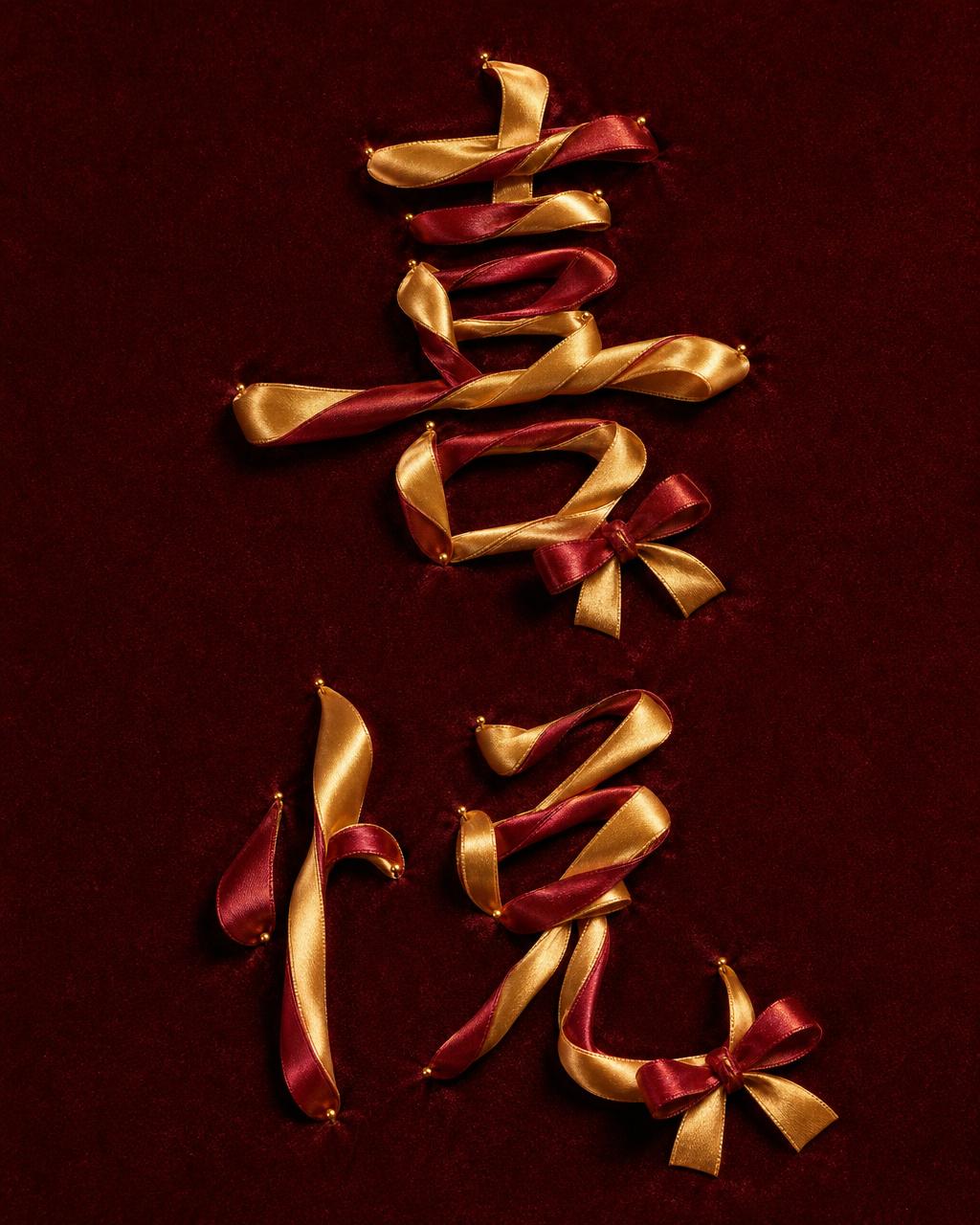 单词 JOY 由双面金红缎带扭绕成字母造型，末端系蝴蝶结，衬于深酒红天鹅绒背景