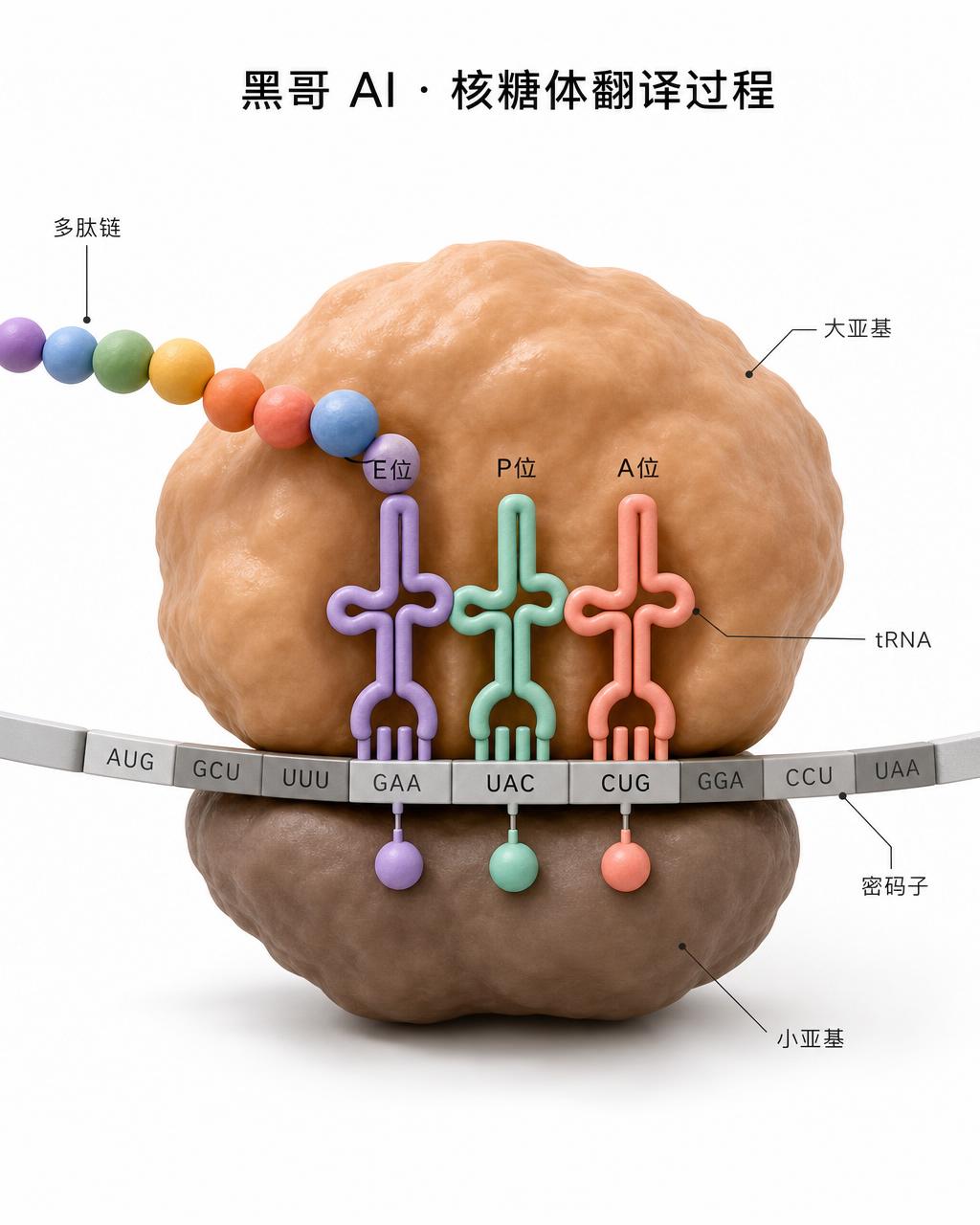 核糖体翻译过程极简 3D 图，展示大小亚基、A/P/E 位 tRNA、mRNA 密码子与多肽链
