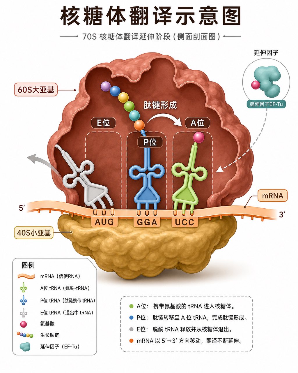 70S 核糖体侧面剖面图：mRNA 穿越其间，A/P/E 三个 tRNA 位点色码标注，生长肽链清晰可见。