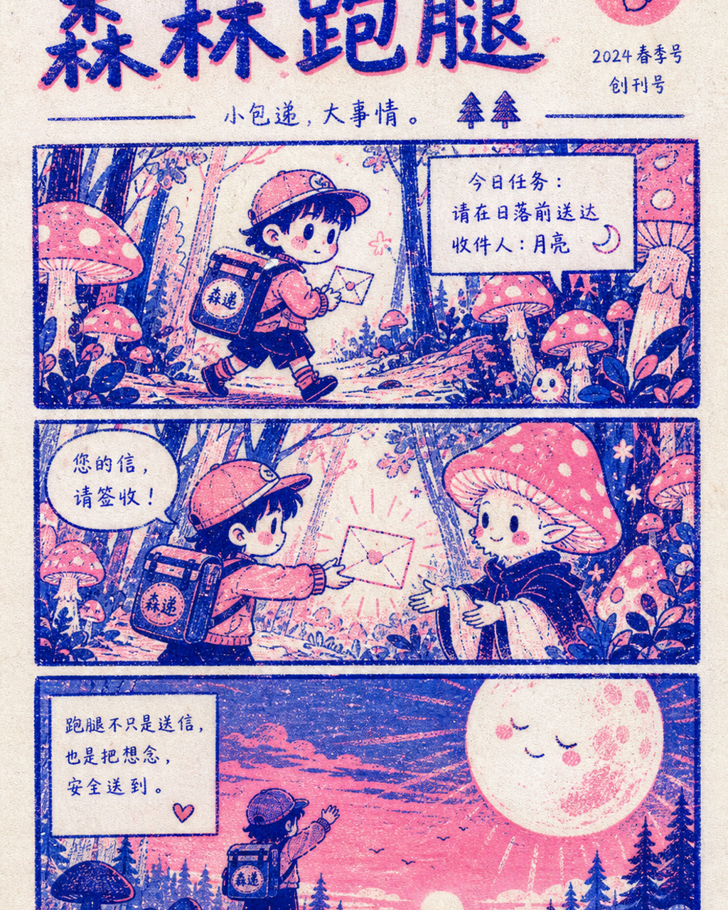 Riso 独立刊森林跑腿，原创漫画风格样本，包含清晰漫画版式、角色动作和可见中文标题。