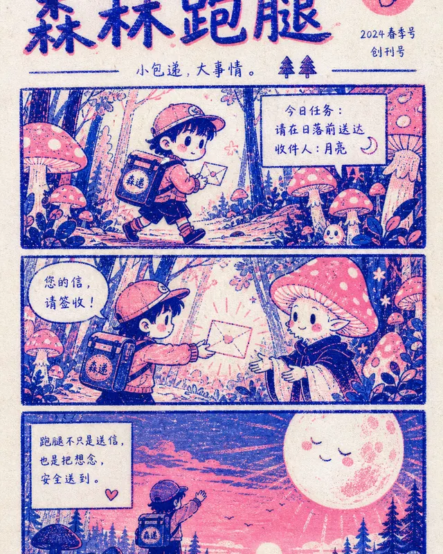 Riso Zine Forest Errand, an original comic style sample with visible layout, character action, and readable lettering.